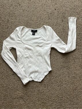 Express Cream Ribbed Long-Sleeve Scoop Neck Top
